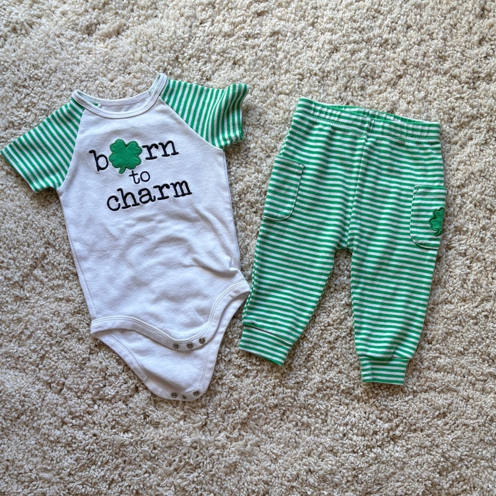 St. Patrick’s Green Striped Baby Outfit - Shamrock Born to Charm Set 12 Months